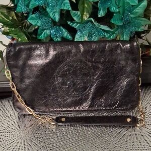 Tory Burch Black Leather Clutch with Gold Chain